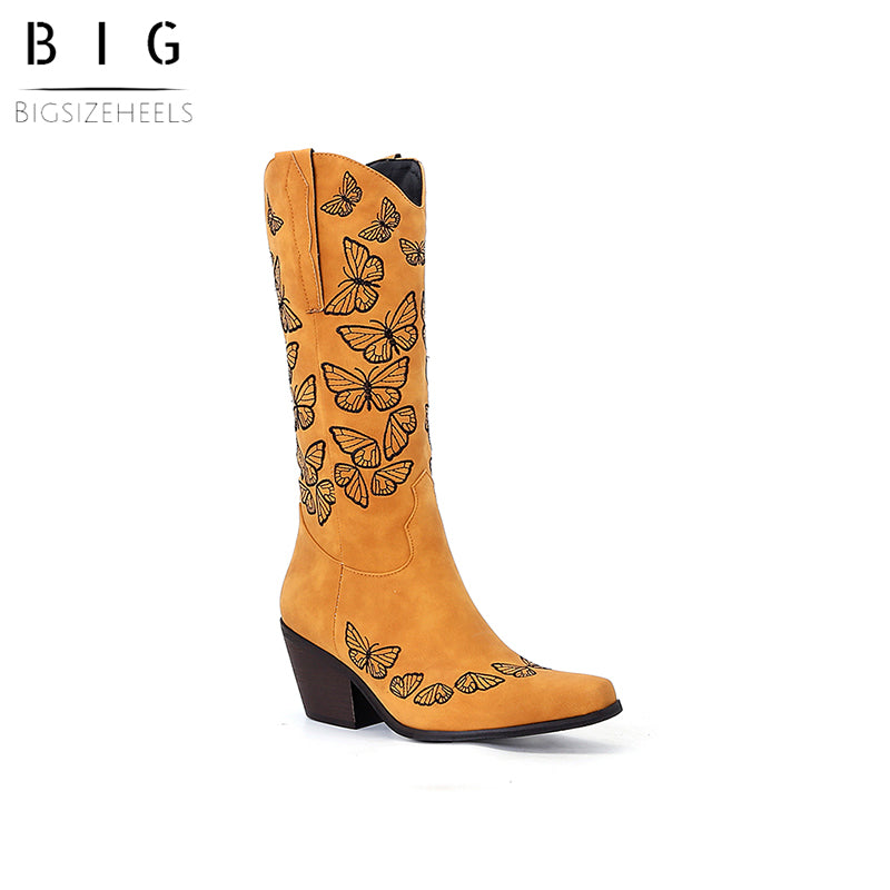 Bigsizeheels Vintage chunky heel pointed toe embroidery boots- Yellow freeshipping - bigsizeheel®-size5-size15 -All Plus Sizes Available!
