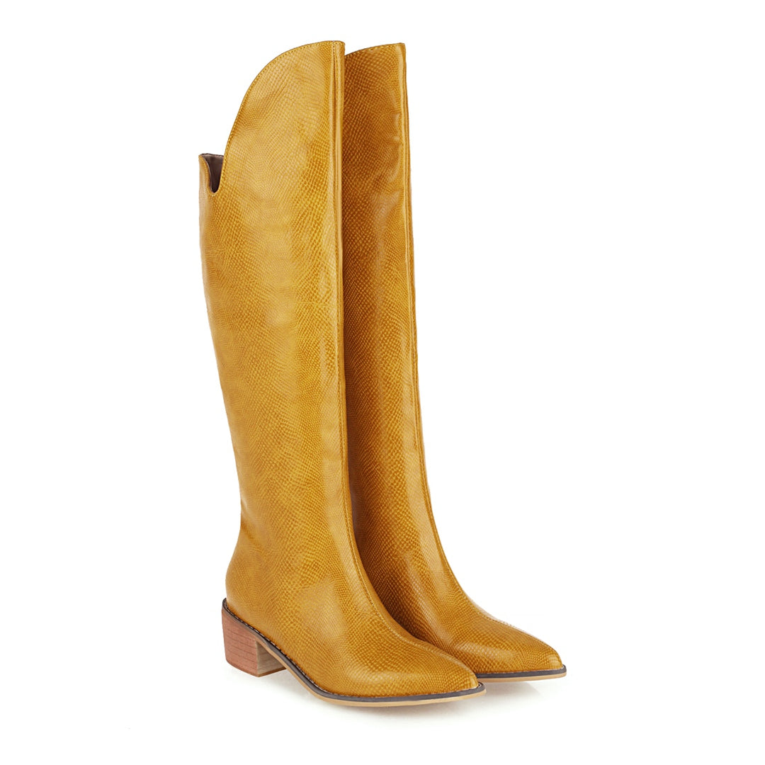 Bigsizeheels Thin snake print thick heel boots-Yellow freeshipping - bigsizeheel®-size5-size15 -All Plus Sizes Available!