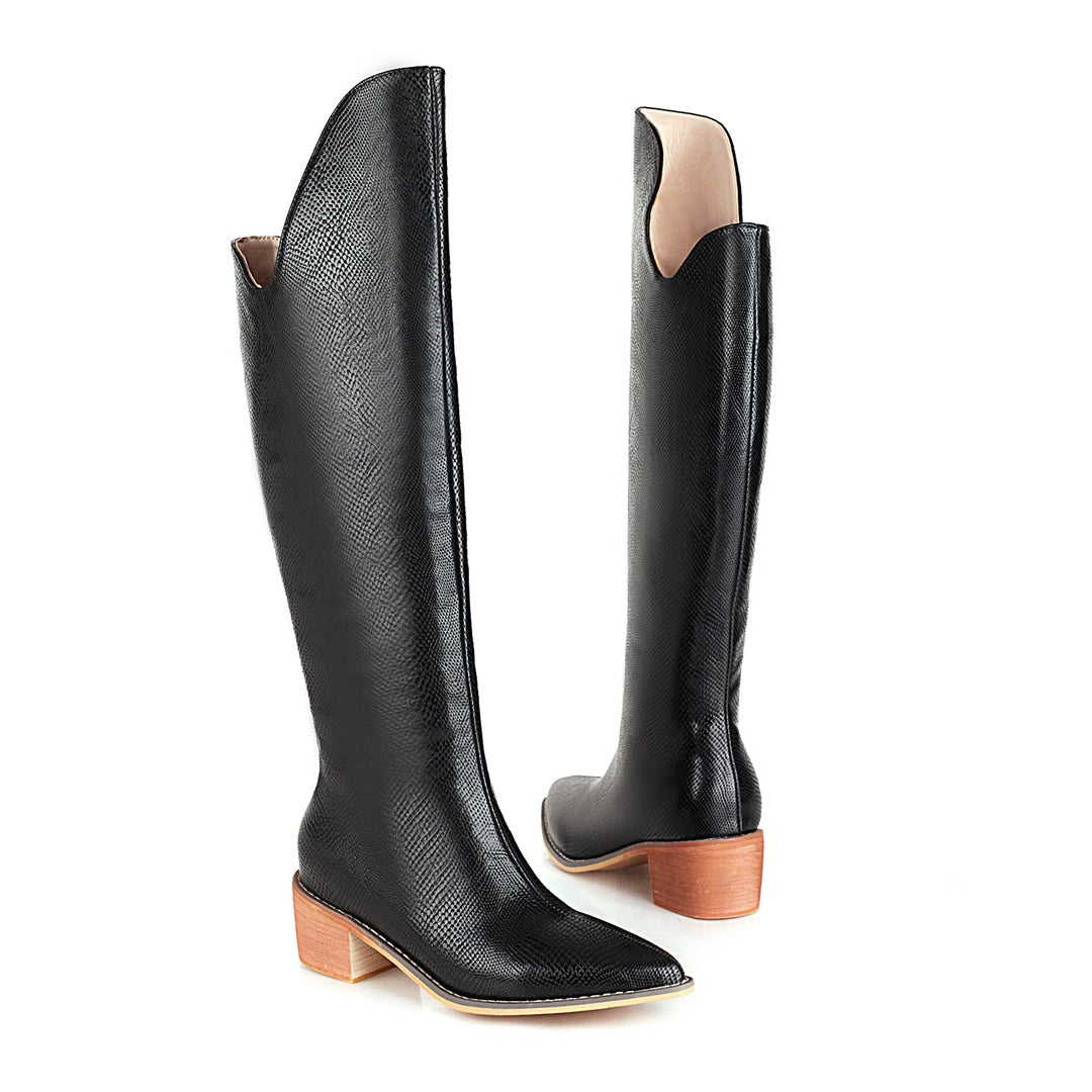 Bigsizeheels Thin snake print thick heel boots-Black freeshipping - bigsizeheel®-size5-size15 -All Plus Sizes Available!