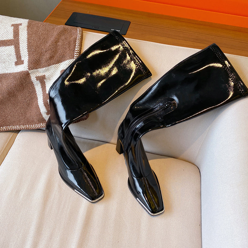 Bigsizeheels Patent leather sexy chunky heel square toe boots - Black freeshipping - bigsizeheel®-size5-size15 -All Plus Sizes Available!