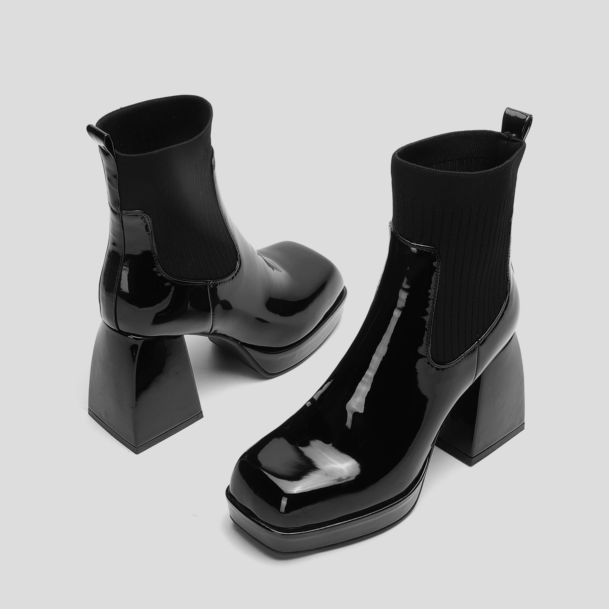 Bigsizeheels Square-toe block-heeled thick-soled patent leather boots - Black freeshipping - bigsizeheel®-size5-size15 -All Plus Sizes Available!