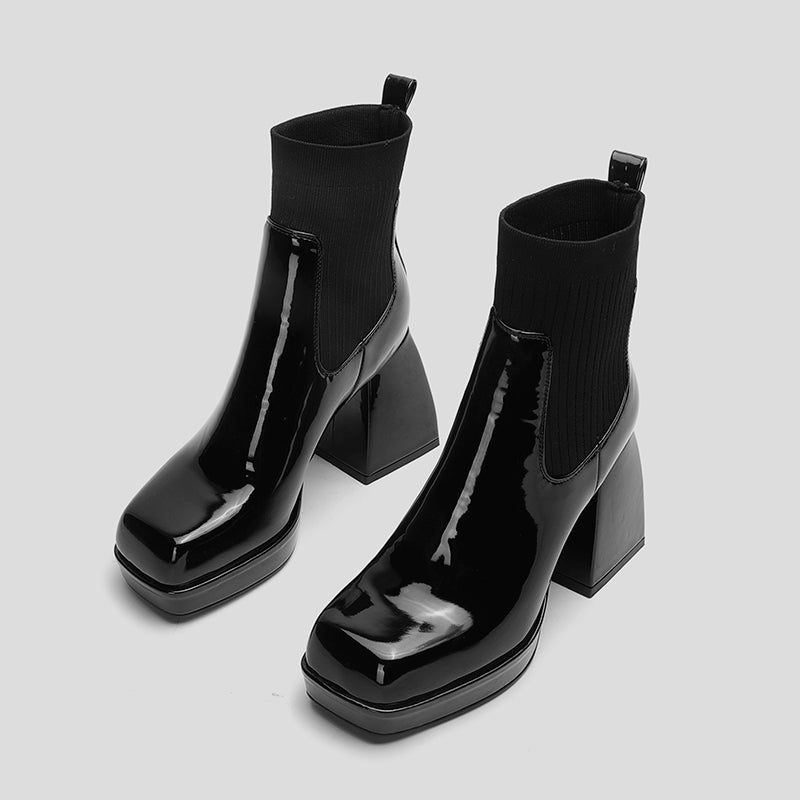 Bigsizeheels Square-toe block-heeled thick-soled patent leather boots - Black freeshipping - bigsizeheel®-size5-size15 -All Plus Sizes Available!