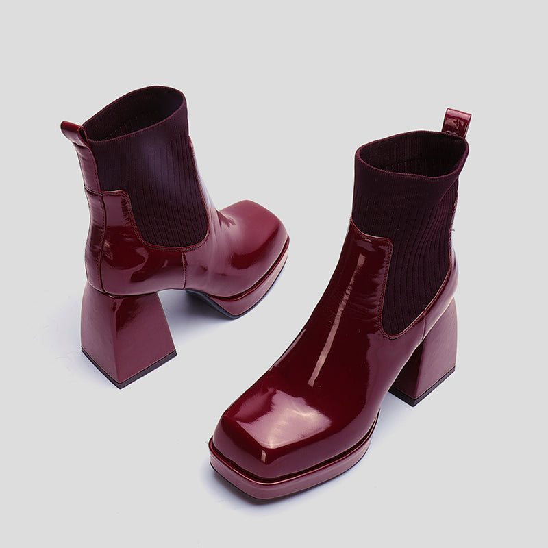 Bigsizeheels Square-toe block-heeled thick-soled patent leather boots - Burgundy freeshipping - bigsizeheel®-size5-size15 -All Plus Sizes Available!