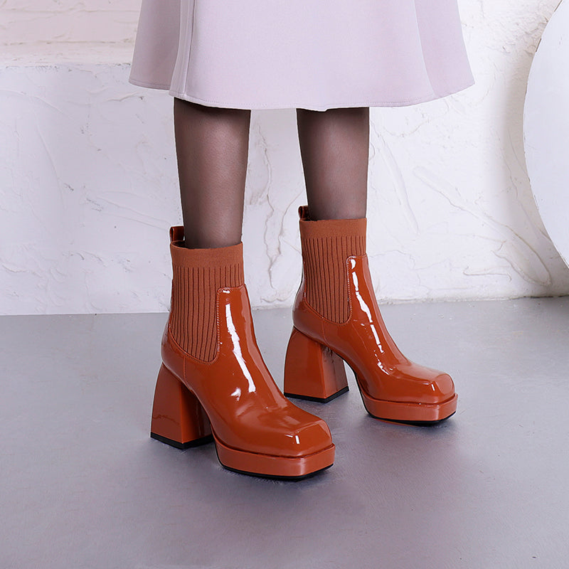 Bigsizeheels Square-toe block-heeled thick-soled patent leather boots - Orange freeshipping - bigsizeheel®-size5-size15 -All Plus Sizes Available!
