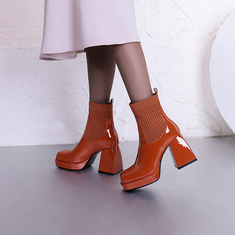 Bigsizeheels Square-toe block-heeled thick-soled patent leather boots - Orange freeshipping - bigsizeheel®-size5-size15 -All Plus Sizes Available!