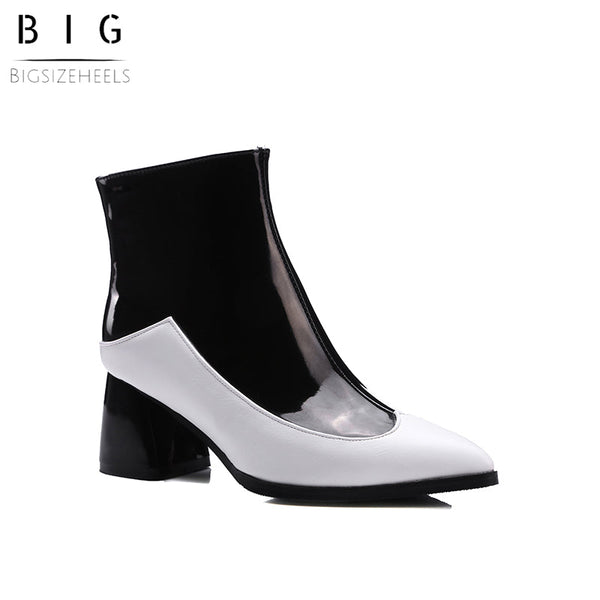 Bigsizeheels Bling shiny leather colorblock boots- Black&White/plus size boots