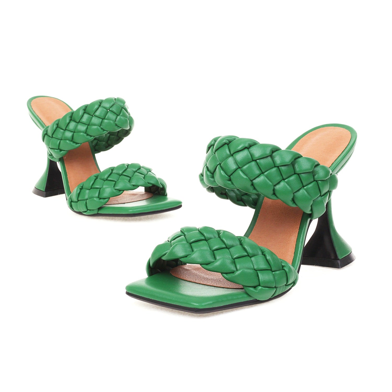 Bigsizeheels Nude Braided Square Toe Heel Sandals - Green