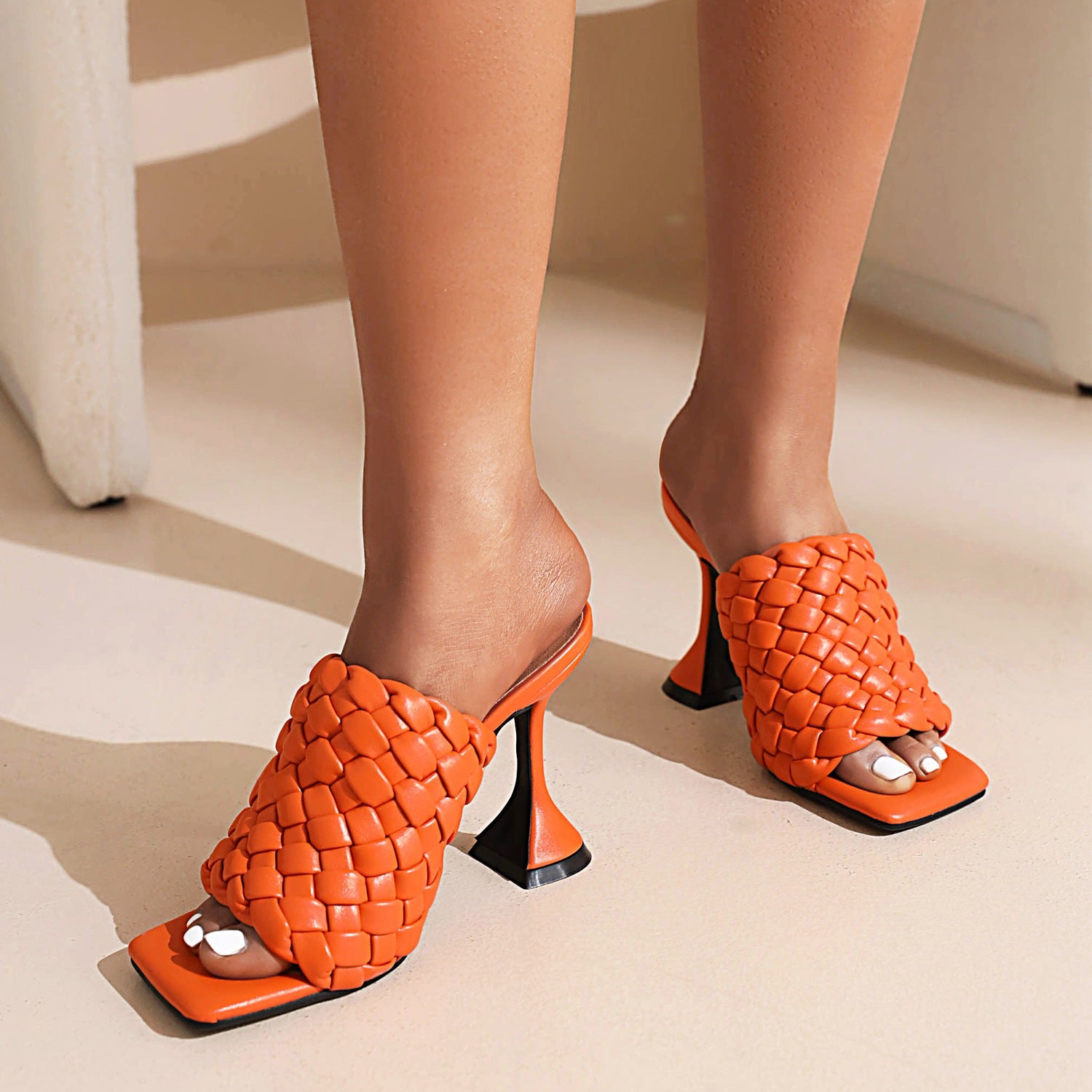 Bigsizeheels Nude Braided Square Toe Heel Sandals - Orange