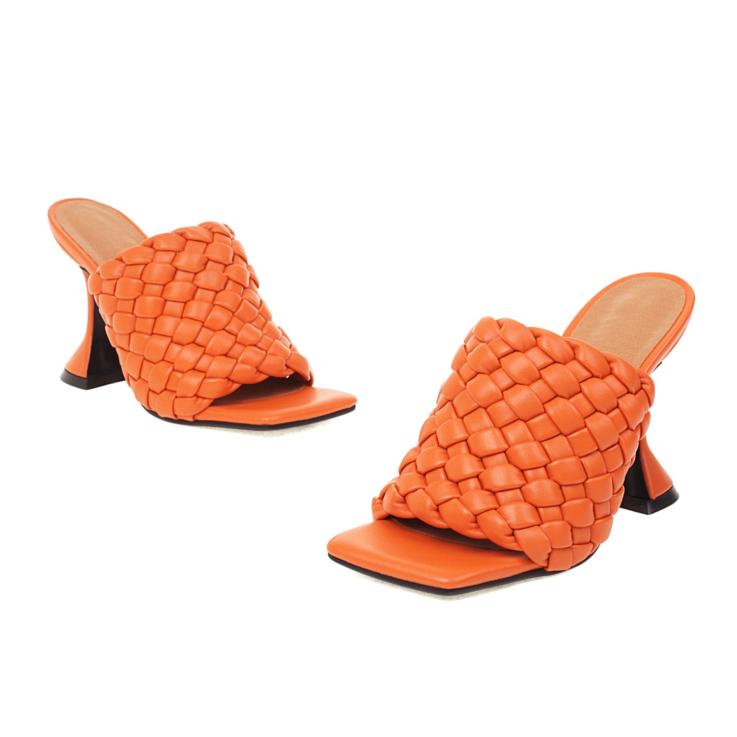 Bigsizeheels Nude Braided Square Toe Heel Sandals - Orange