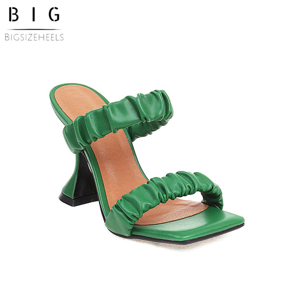 Bigsizeheels Nude Crinkled Leather Square Toe Heel Sandals - Green