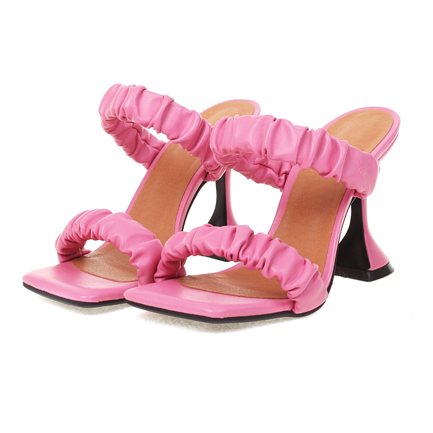 Bigsizeheels Nude Crinkled Leather Square Toe Heel Sandals - Pink