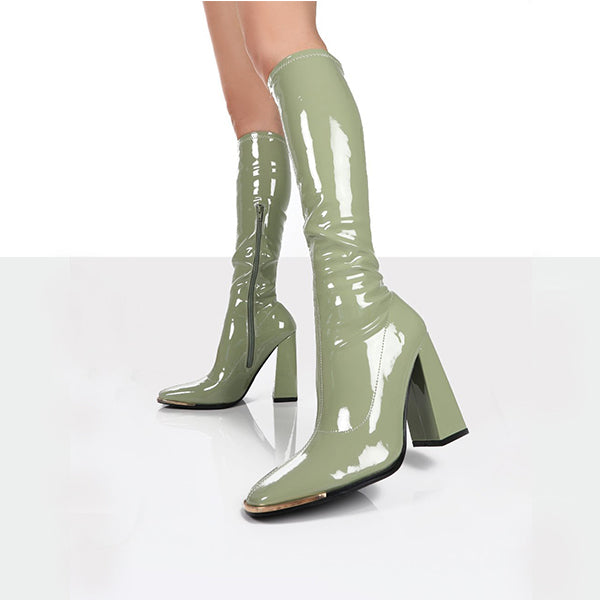 Bigsizeheels Concise square toe elastic patent leather boots -Green freeshipping - bigsizeheel®-size5-size15 -All Plus Sizes Available!