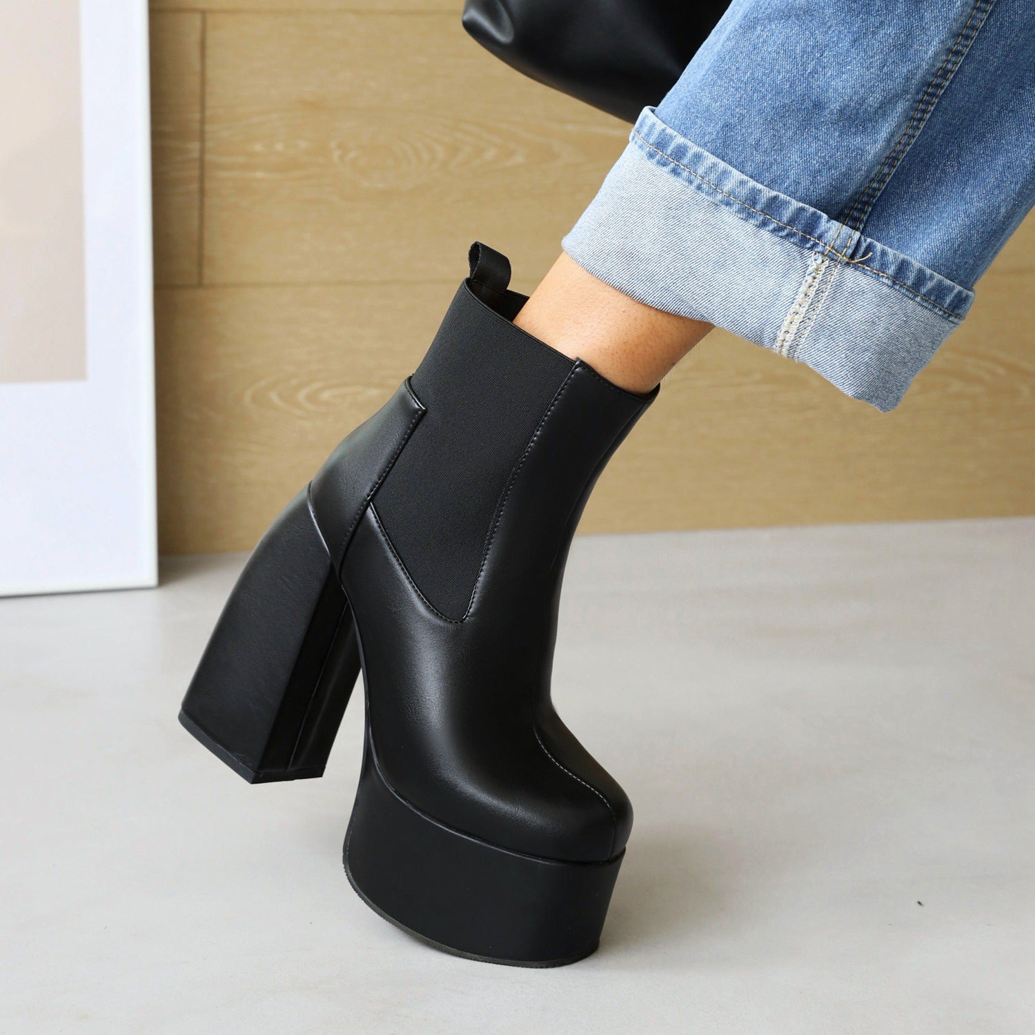 Bigsizeheels Punk thick-heeled slim fashion boots - Black freeshipping - bigsizeheel®-size5-size15 -All Plus Sizes Available!