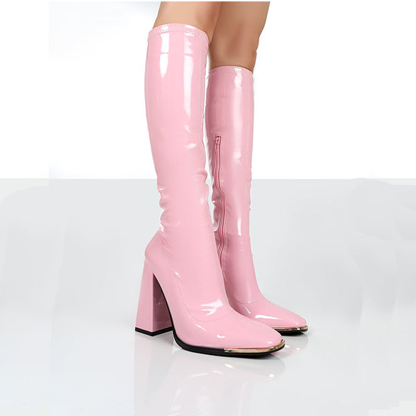 Bigsizeheels Concise square toe elastic patent leather boots -Pink freeshipping - bigsizeheel®-size5-size15 -All Plus Sizes Available!