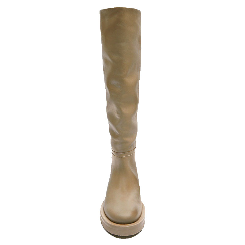 Bigsizeheels Leather round-toe wide-tube flat boots - Light brown freeshipping - bigsizeheel®-size5-size15 -All Plus Sizes Available!