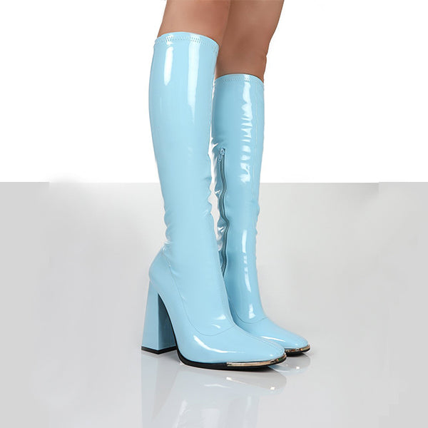 Bigsizeheels Concise square toe elastic patent leather boots -Blue freeshipping - bigsizeheel®-size5-size15 -All Plus Sizes Available!