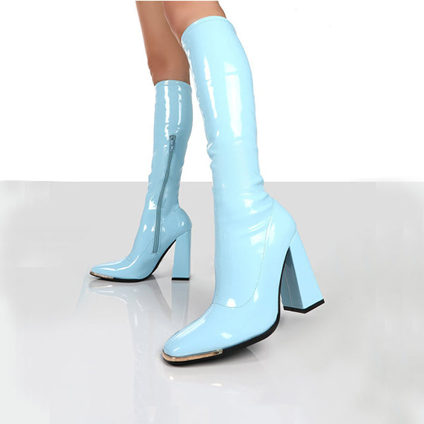 Bigsizeheels Concise square toe elastic patent leather boots -Blue freeshipping - bigsizeheel®-size5-size15 -All Plus Sizes Available!