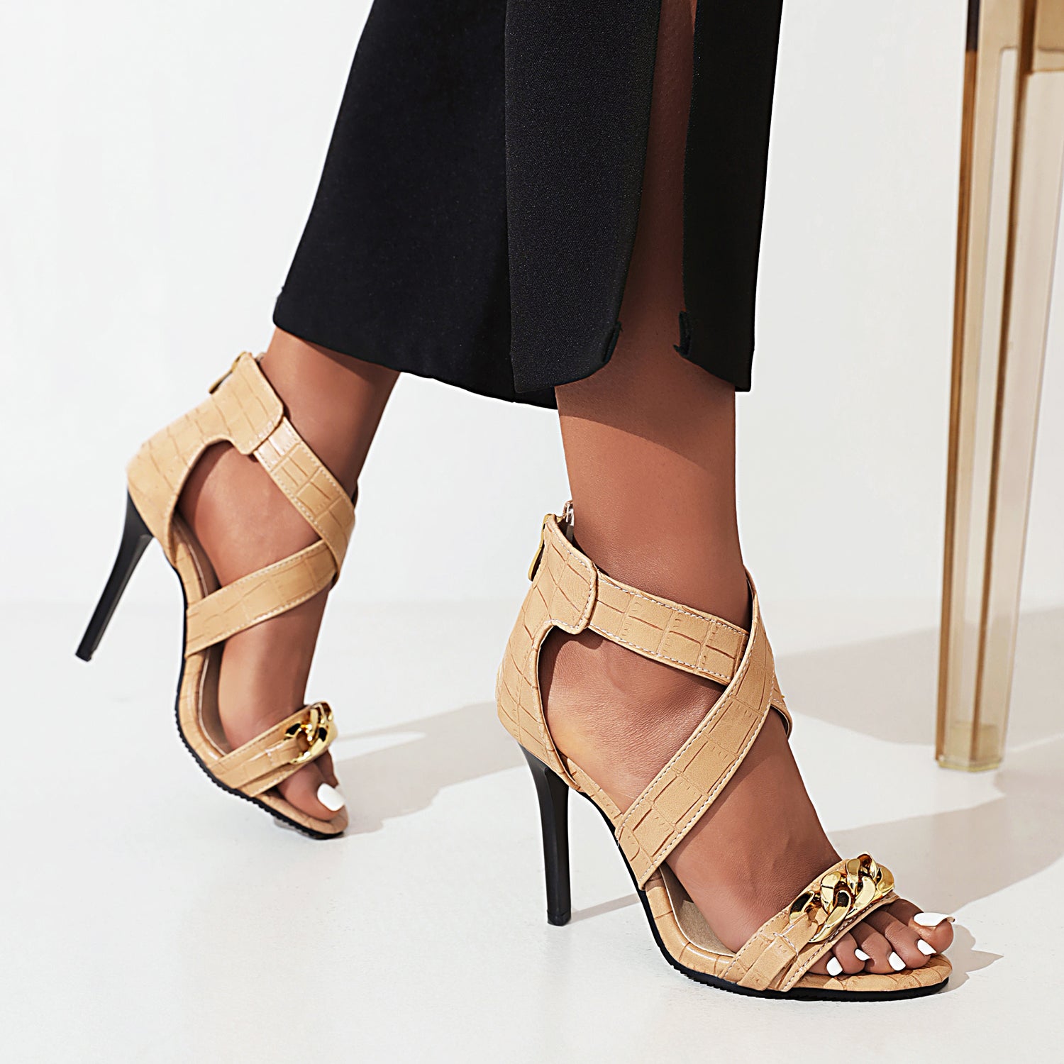 Bigsizeheels Metal Chain Cross Strap Stiletto Sandals - Apricot best oversized womens heels are from bigsizeheels®