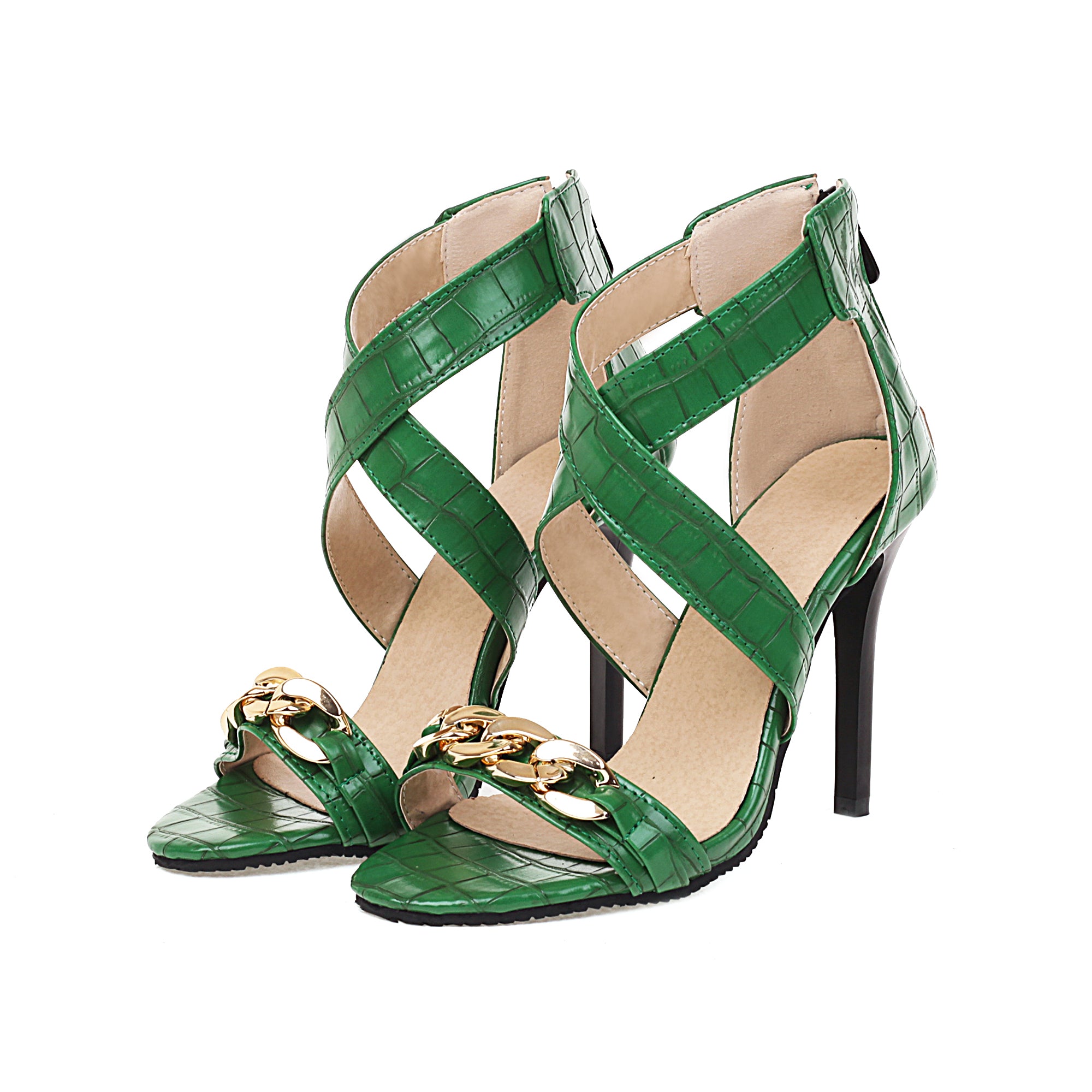 Bigsizeheels Metal Chain Cross Strap Stiletto Sandals - Green best oversized womens heels are from bigsizeheels®