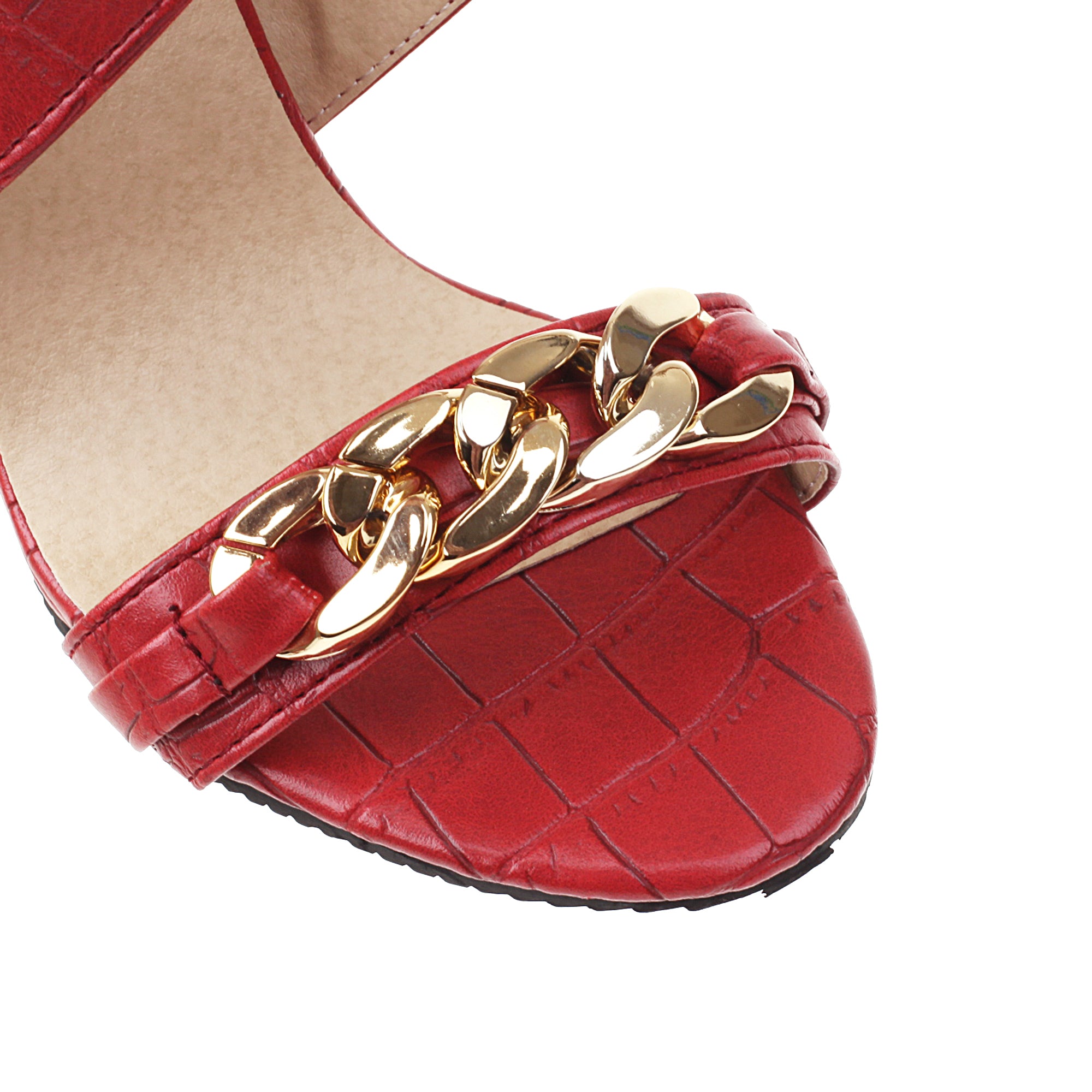 Bigsizeheels Metal Chain Cross Strap Stiletto Sandals - Red best oversized womens heels are from bigsizeheels®