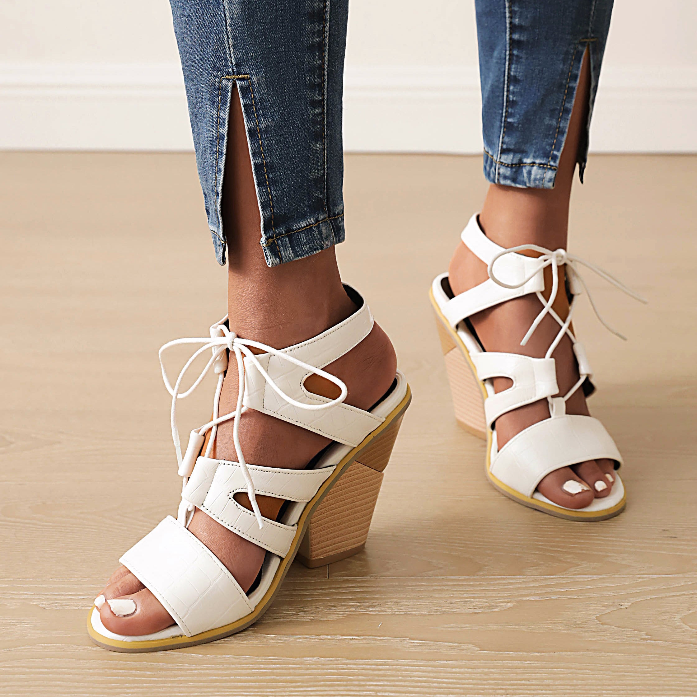 Bigsizeheels Chunky Heel Fish Mouth Lace-Up Sandals - White best oversized womens heels are from bigsizeheels®
