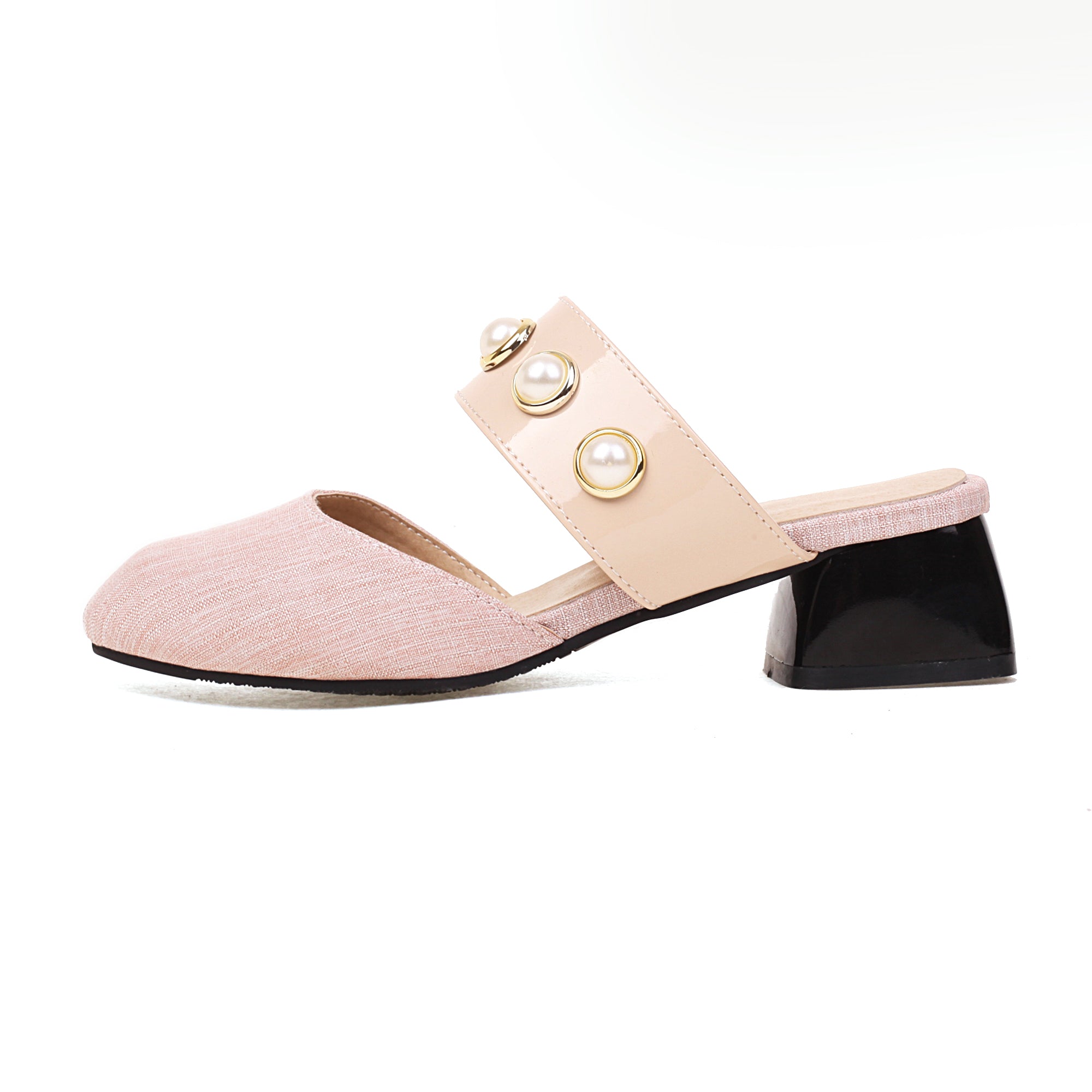 Bigsizeheels Houndstooth Pearl Round Toe Flats Sandals - Pink best oversized womens heels are from bigsizeheels®