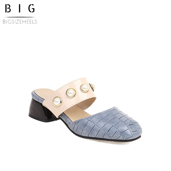 Bigsizeheels Houndstooth Pearl Round Toe Flats Sandals - Blue best oversized womens heels are from bigsizeheels®