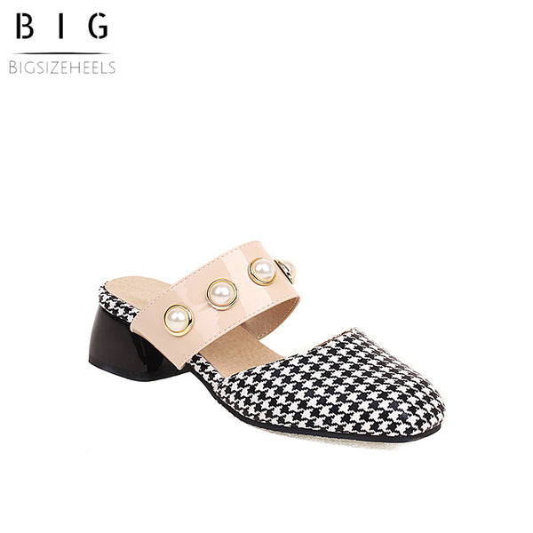 Bigsizeheels Houndstooth Pearl Round Toe Flats Sandals - Lattice best oversized womens heels are from bigsizeheels®