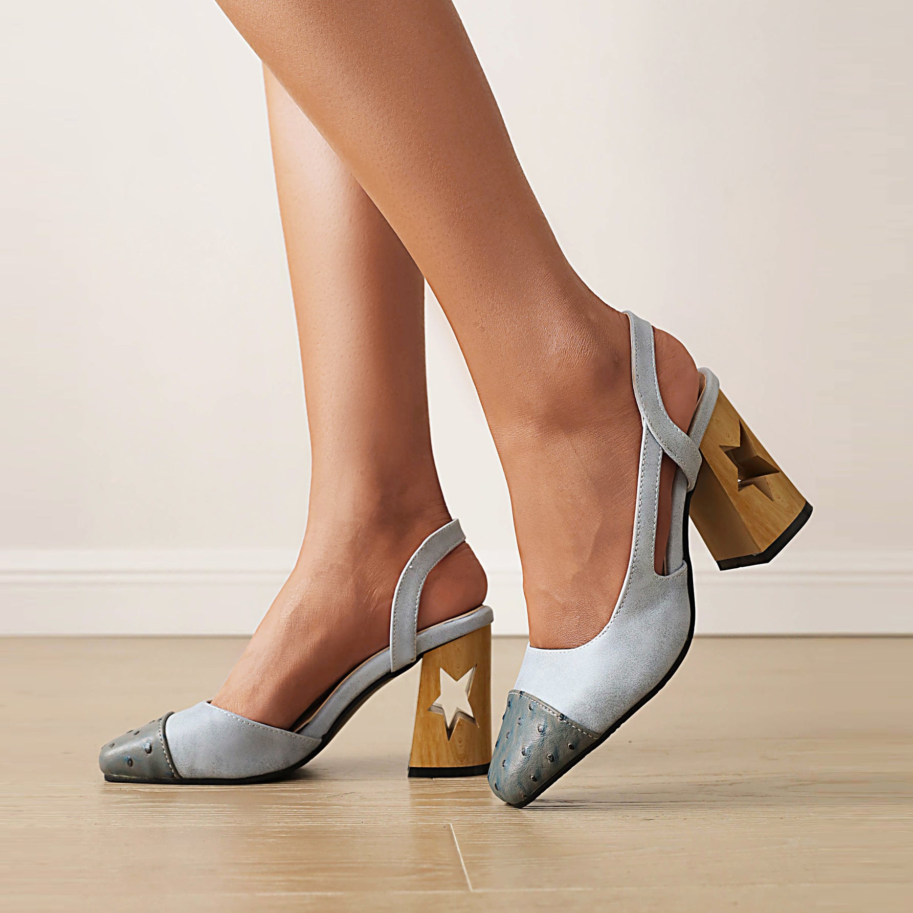 Bigsizeheels plus size women shoes Pentagram Square Toe Sculpted Block Heel Patch Sandals - light blue