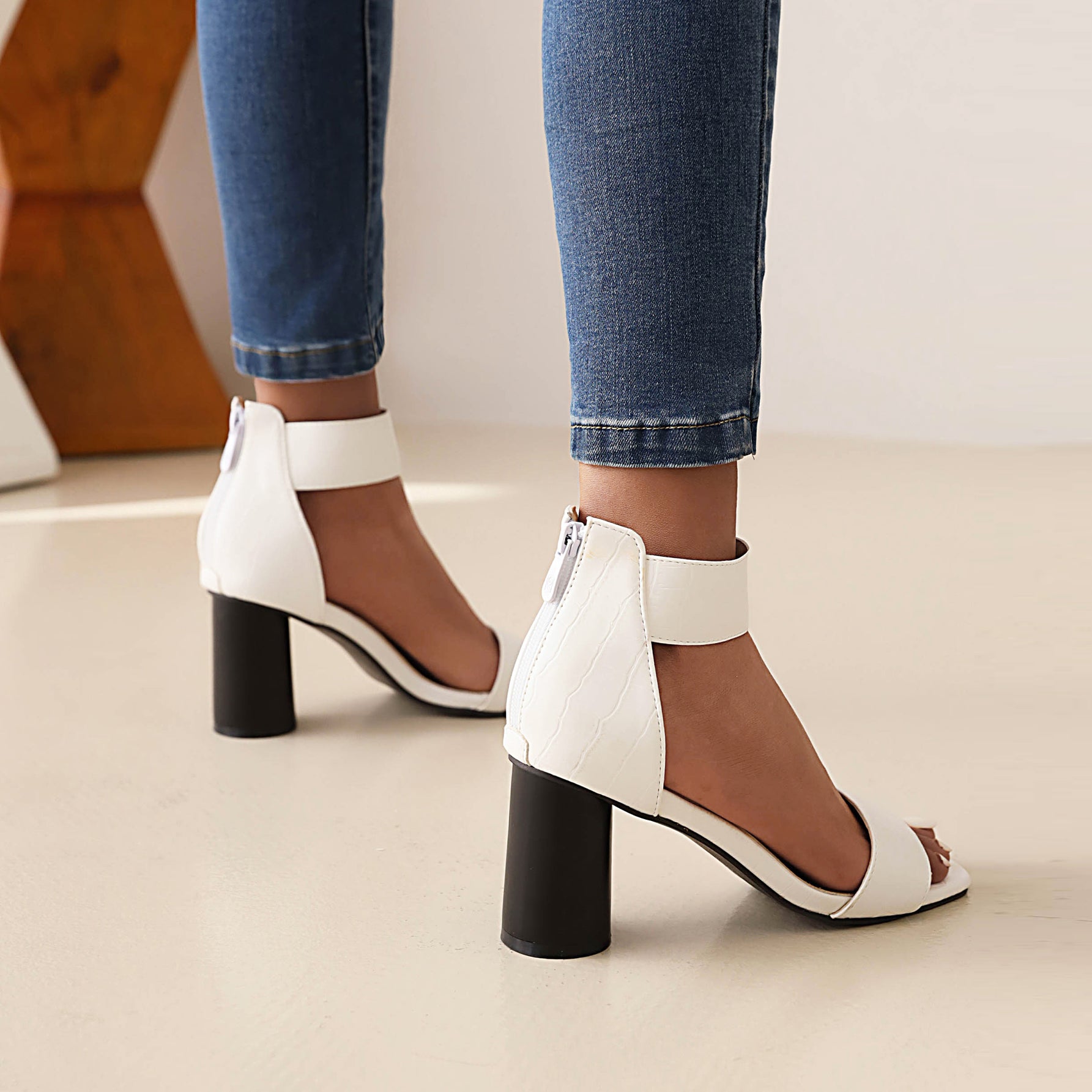 Bigsizeheels Chunky Heel Round Toe T Strap Heels - White best oversized womens heels are from bigsizeheels®