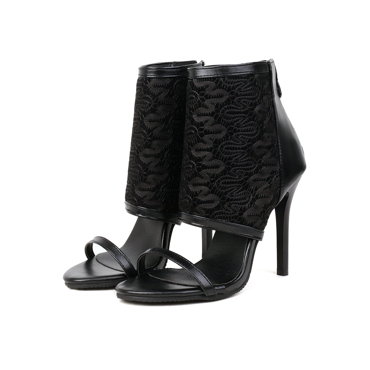 Bigsizeheels Stiletto Heel Zipper Suede Upper Ankle Strap Sandals - Black best oversized womens heels are from bigsizeheel®