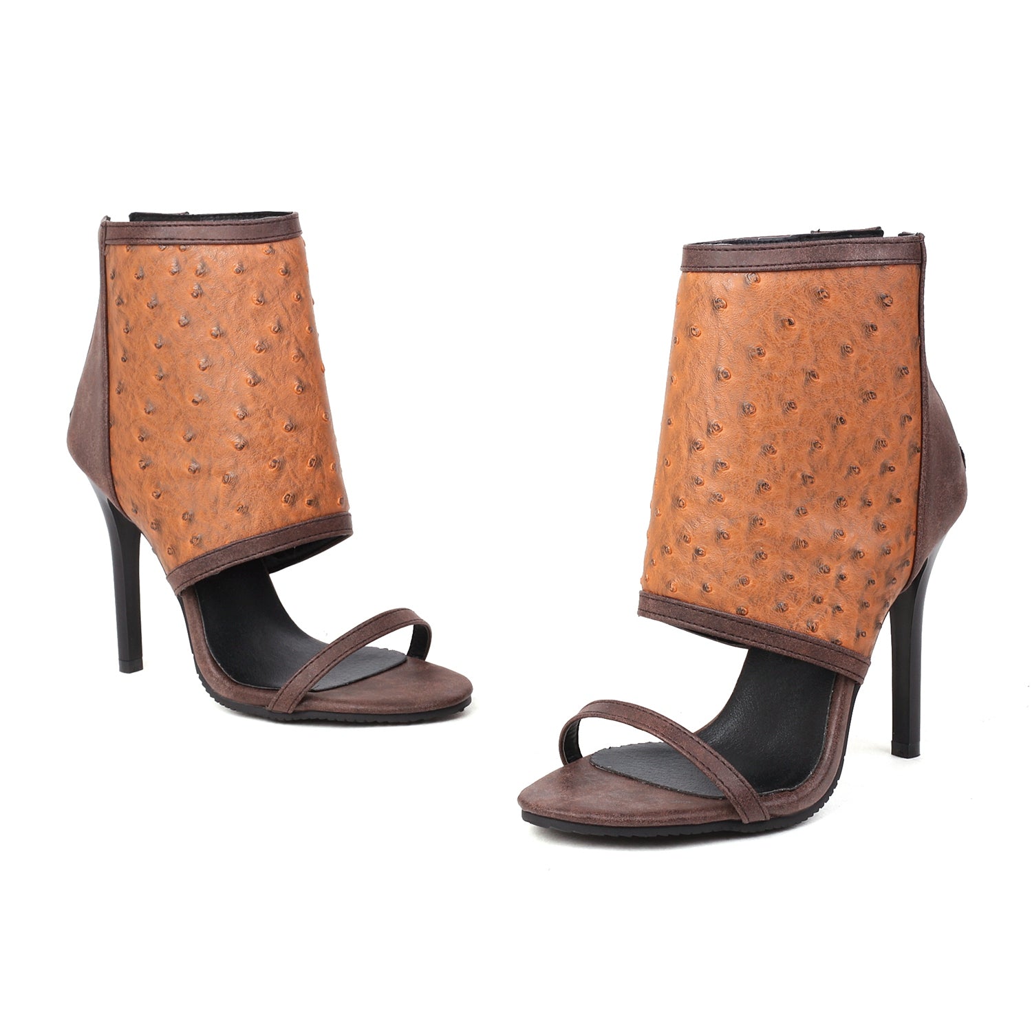 Bigsizeheels Stiletto Heel Zipper Suede Upper Ankle Strap Sandals - Coffee best oversized womens heels are from bigsizeheel®