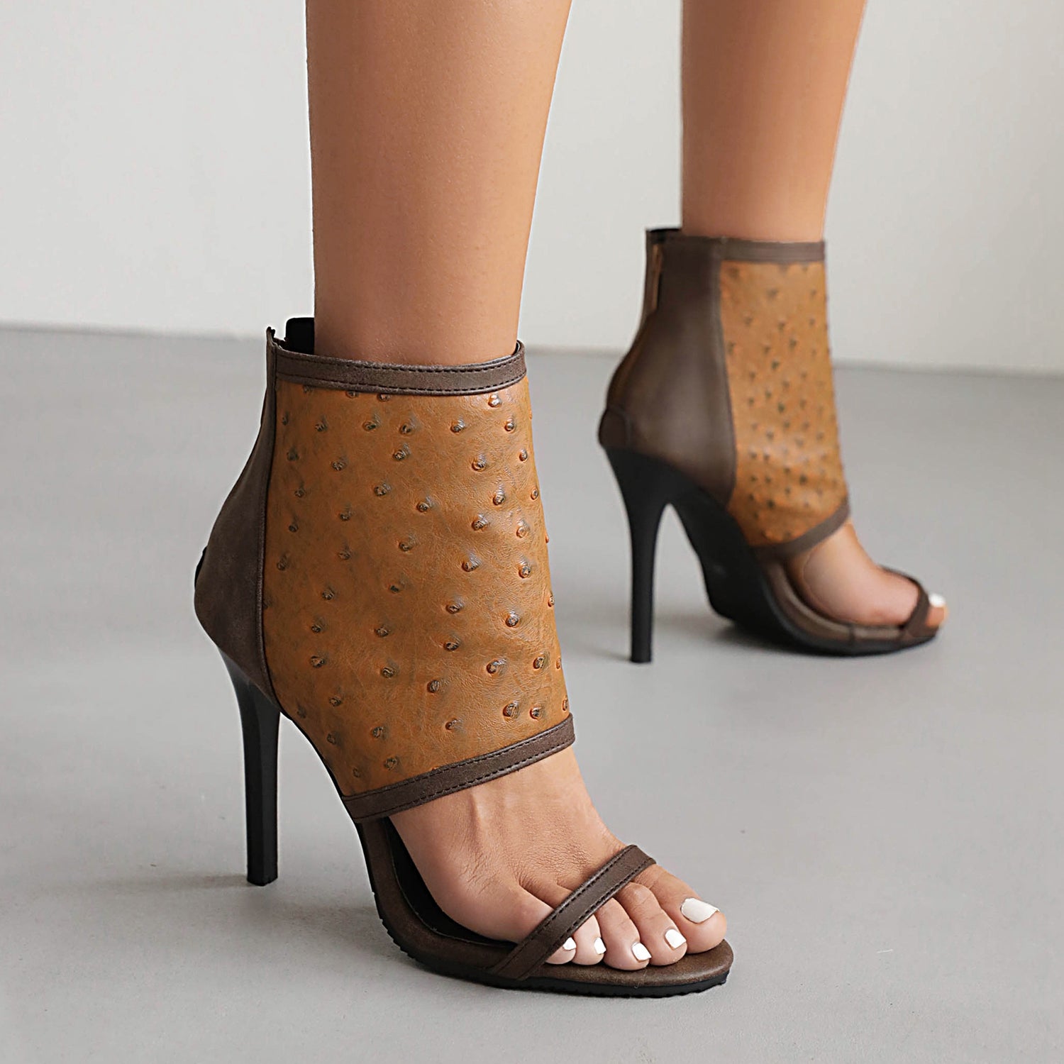 Bigsizeheels Stiletto Heel Zipper Suede Upper Ankle Strap Sandals - Coffee best oversized womens heels are from bigsizeheel®