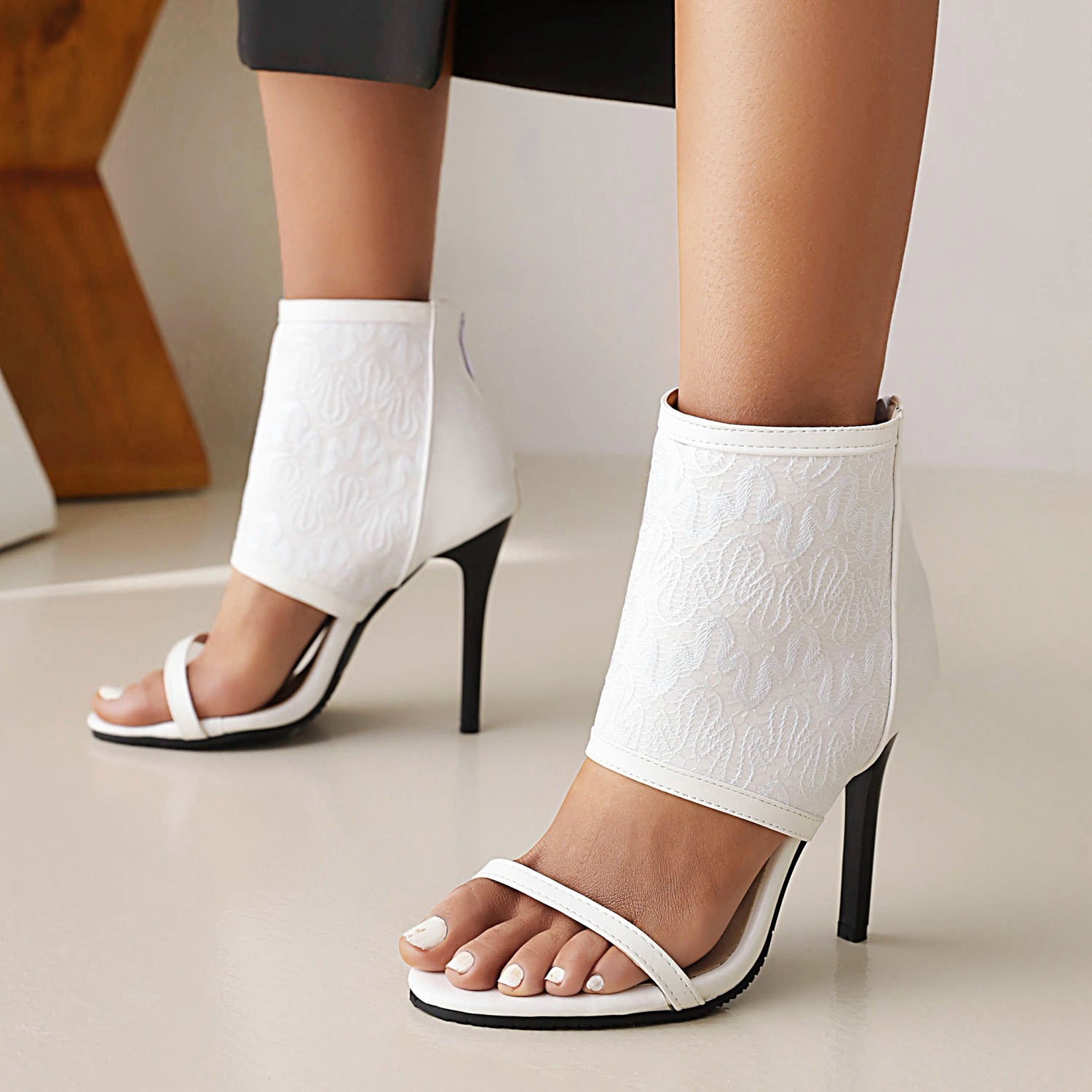Bigsizeheels Stiletto Heel Zipper Suede Upper Ankle Strap Sandals - White best oversized womens heels are from bigsizeheel®