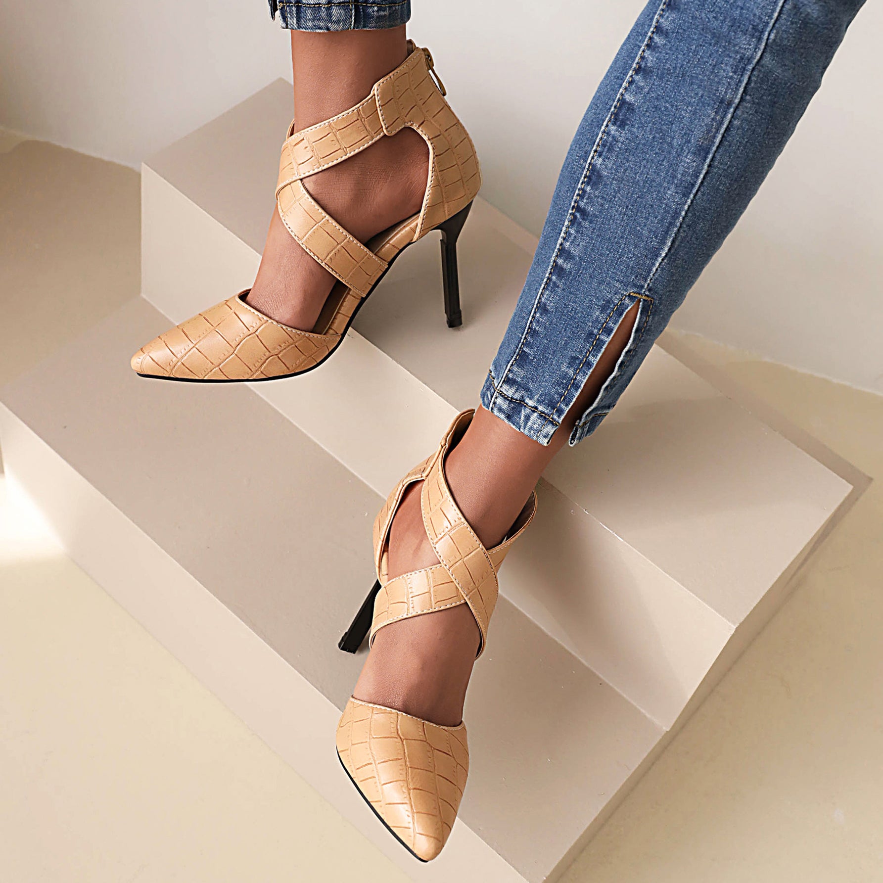 Bigsizeheels Cross Strap Pointed Toe Stiletto Heels Sandals - Apricot best oversized womens heels from  bigsizeheel®