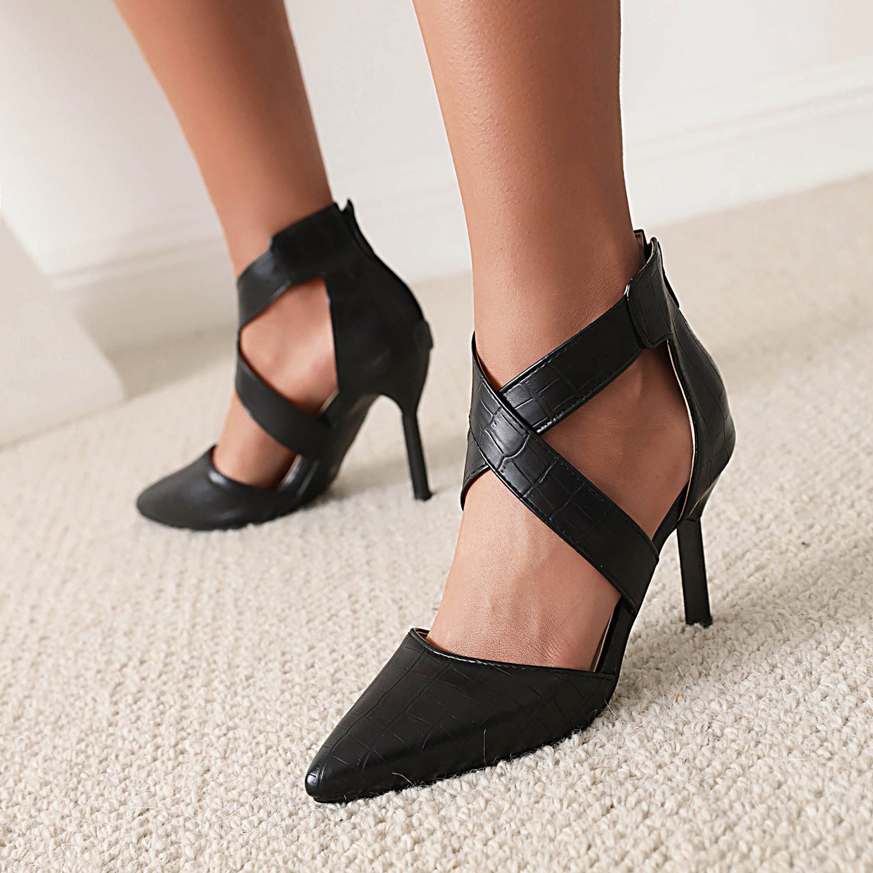 Bigsizeheels Cross Strap Pointed Toe Stiletto Heels Sandals - Black best oversized womens heels from bigsizeheel®