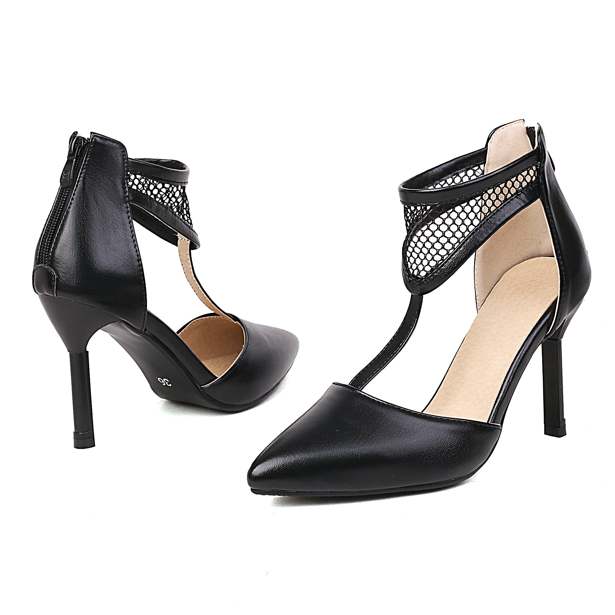 Bigsizeheels Cutout Mesh Ankle Strap High Heel Sandals - Black best oversized womens heels from bigsizeheel®