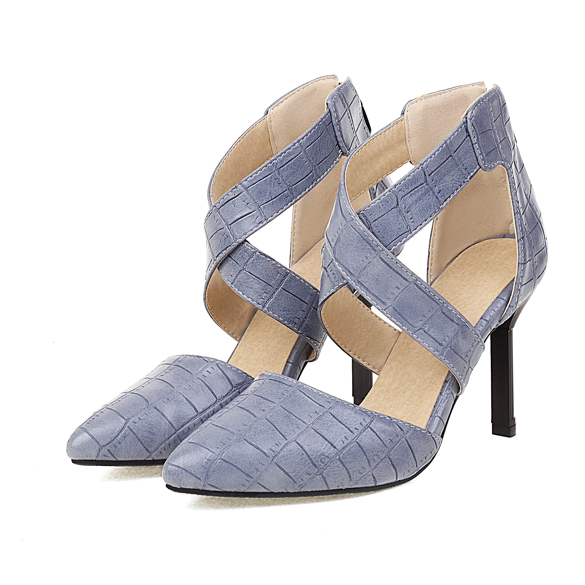 Bigsizeheels Cross Strap Pointed Toe Stiletto Heels Sandals - Blue best oversized womens heels from bigsizeheel®