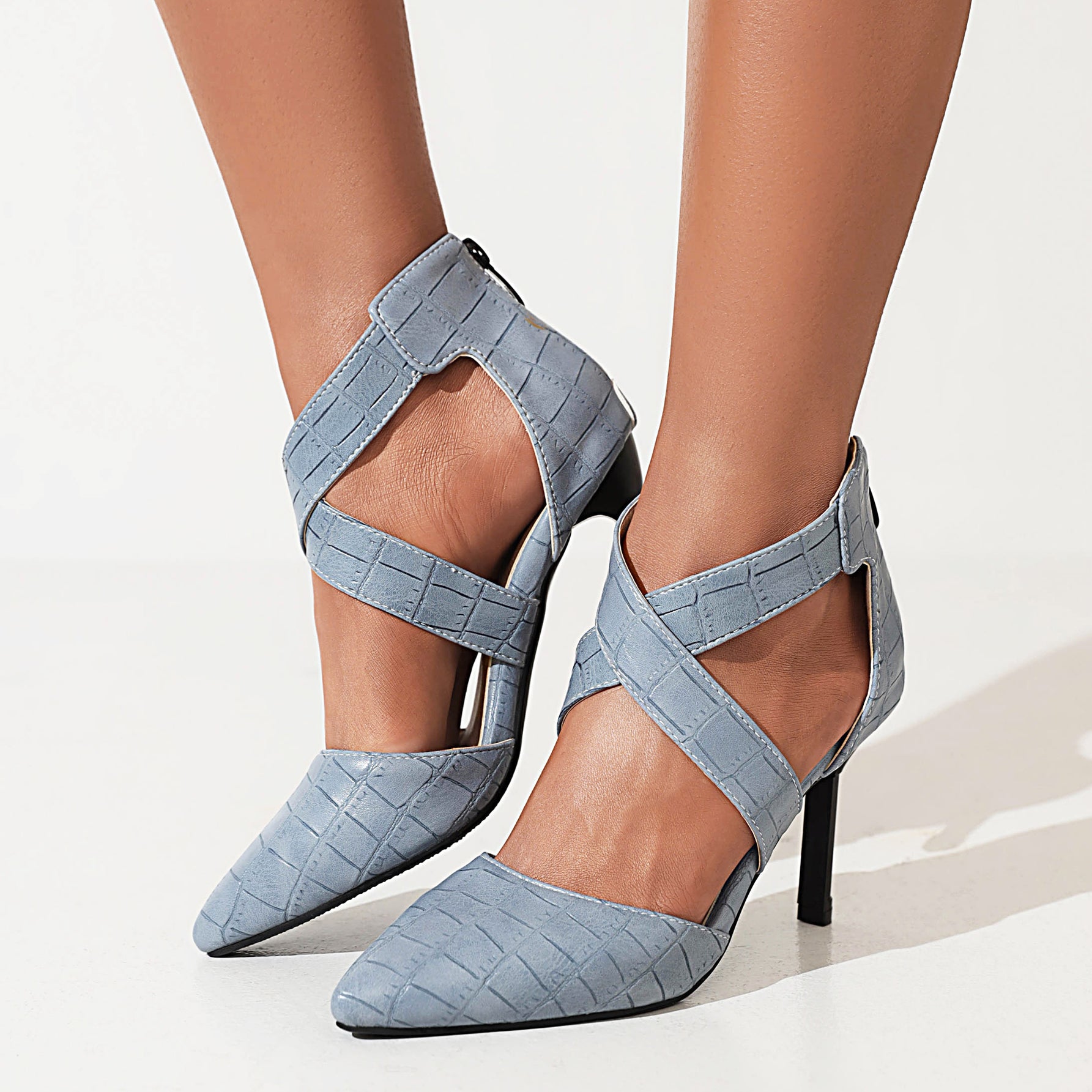 Bigsizeheels Cross Strap Pointed Toe Stiletto Heels Sandals - Blue best oversized womens heels from bigsizeheel®