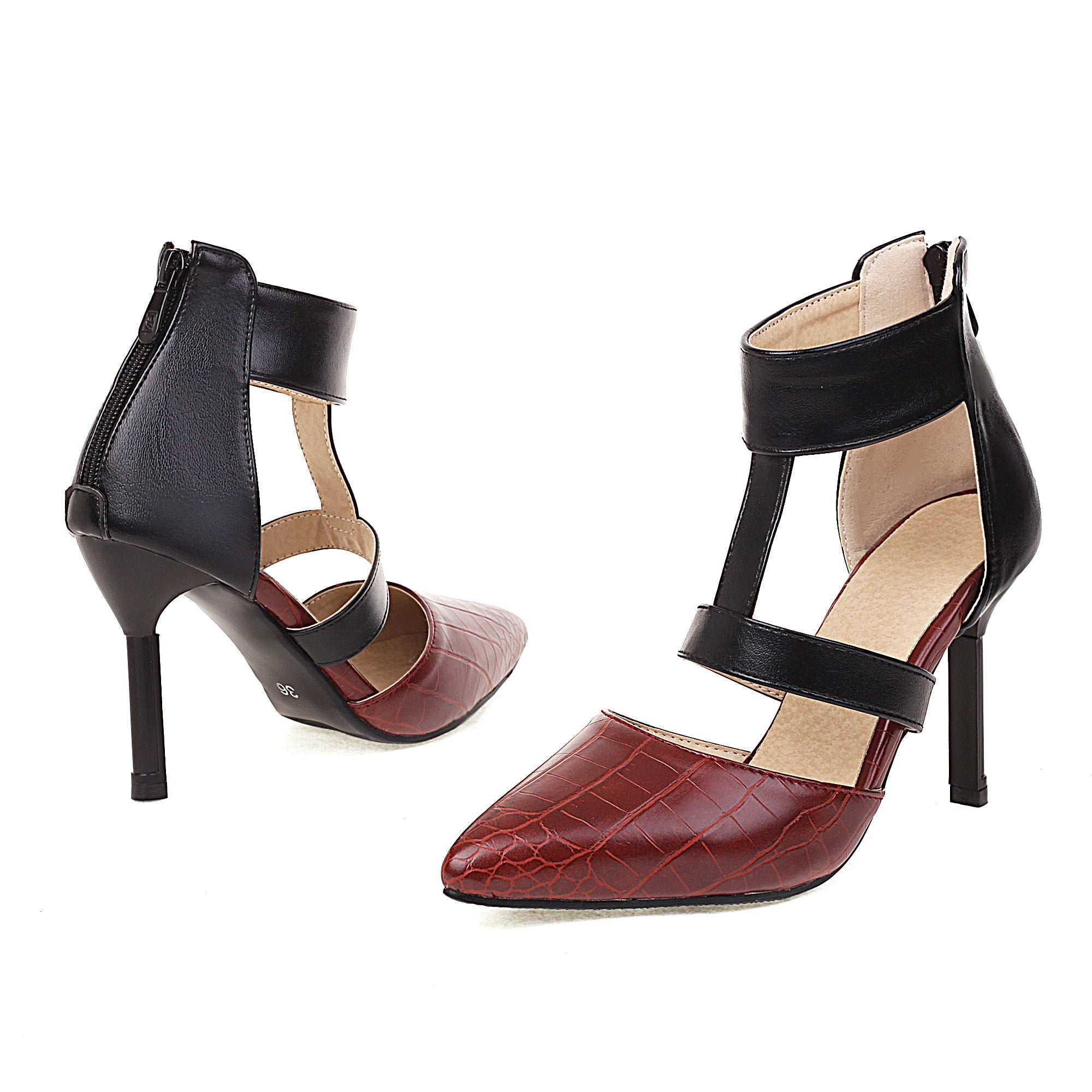 the Bigsizeheels T Strap Pointed Toe_Stiletto Heels Sandals - Burgundy best oversized womens heels from bigsizeheel®