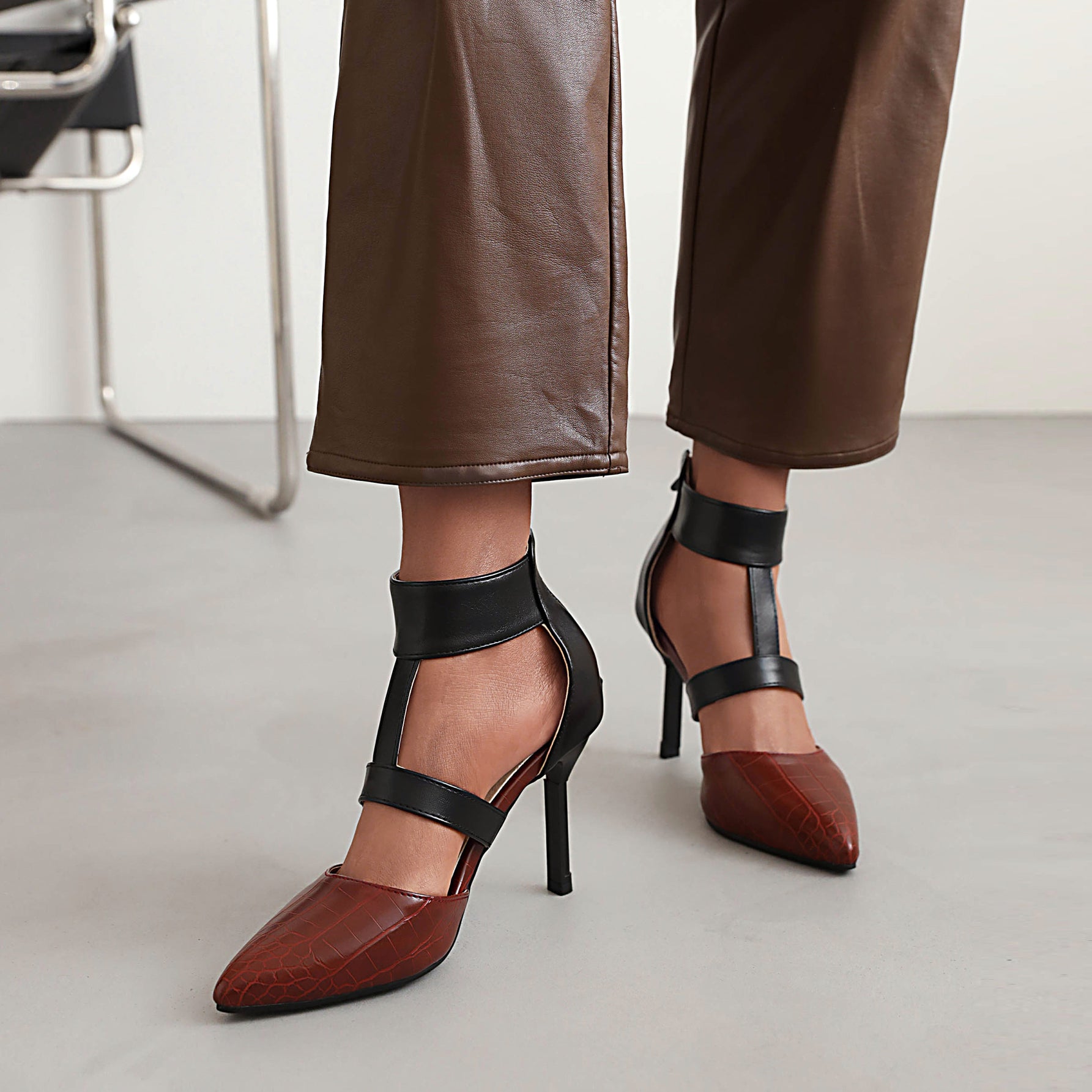 the Bigsizeheels T Strap Pointed Toe_Stiletto Heels Sandals - Burgundy best oversized womens heels from bigsizeheel®