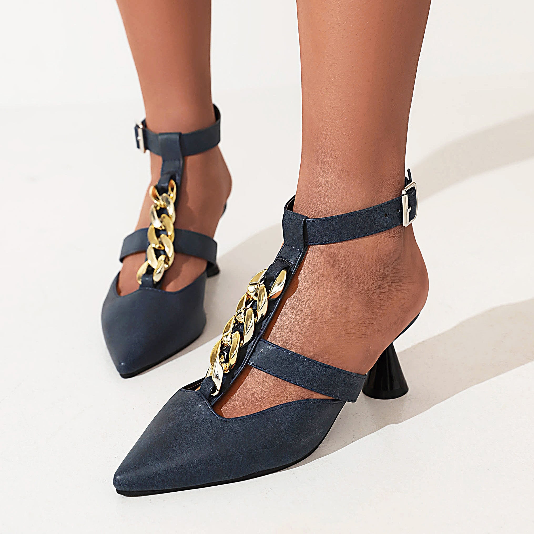 Bigsizeheels Wine Glass Heel Metal Chain Pointed Toe Sandals - Dark blue best oversized womens heels from bigsizeheel®