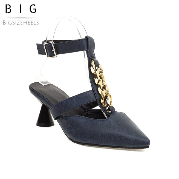 Bigsizeheels Wine Glass Heel Metal Chain Pointed Toe Sandals - Dark blue best oversized womens heels from bigsizeheel®