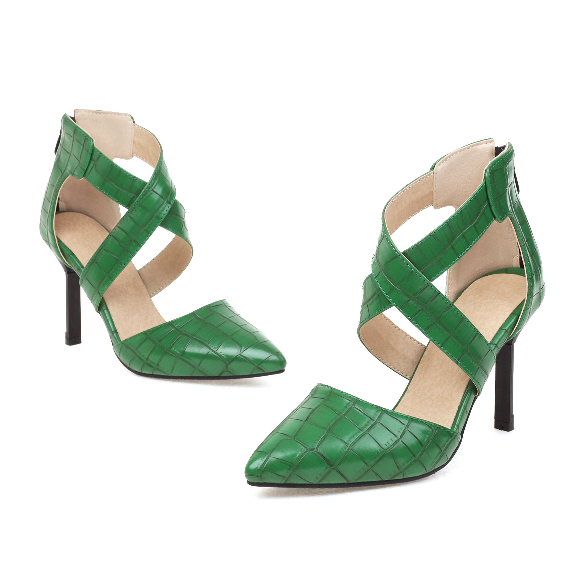 Bigsizeheels Cross Strap Pointed Toe Stiletto Heels Sandals - Green best oversized womens heels from bigsizeheel®
