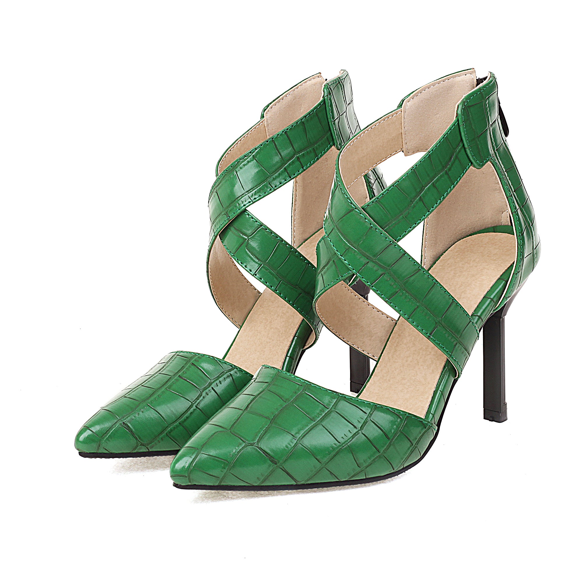 Bigsizeheels Cross Strap Pointed Toe Stiletto Heels Sandals - Green best oversized womens heels from bigsizeheel®
