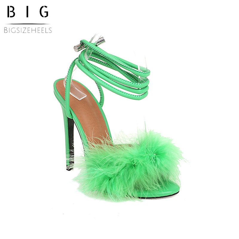Fashion Rabbit Fur Sexy Stiletto Sandals - Green best sexy stiletto sandals are from bigsizeheels®
