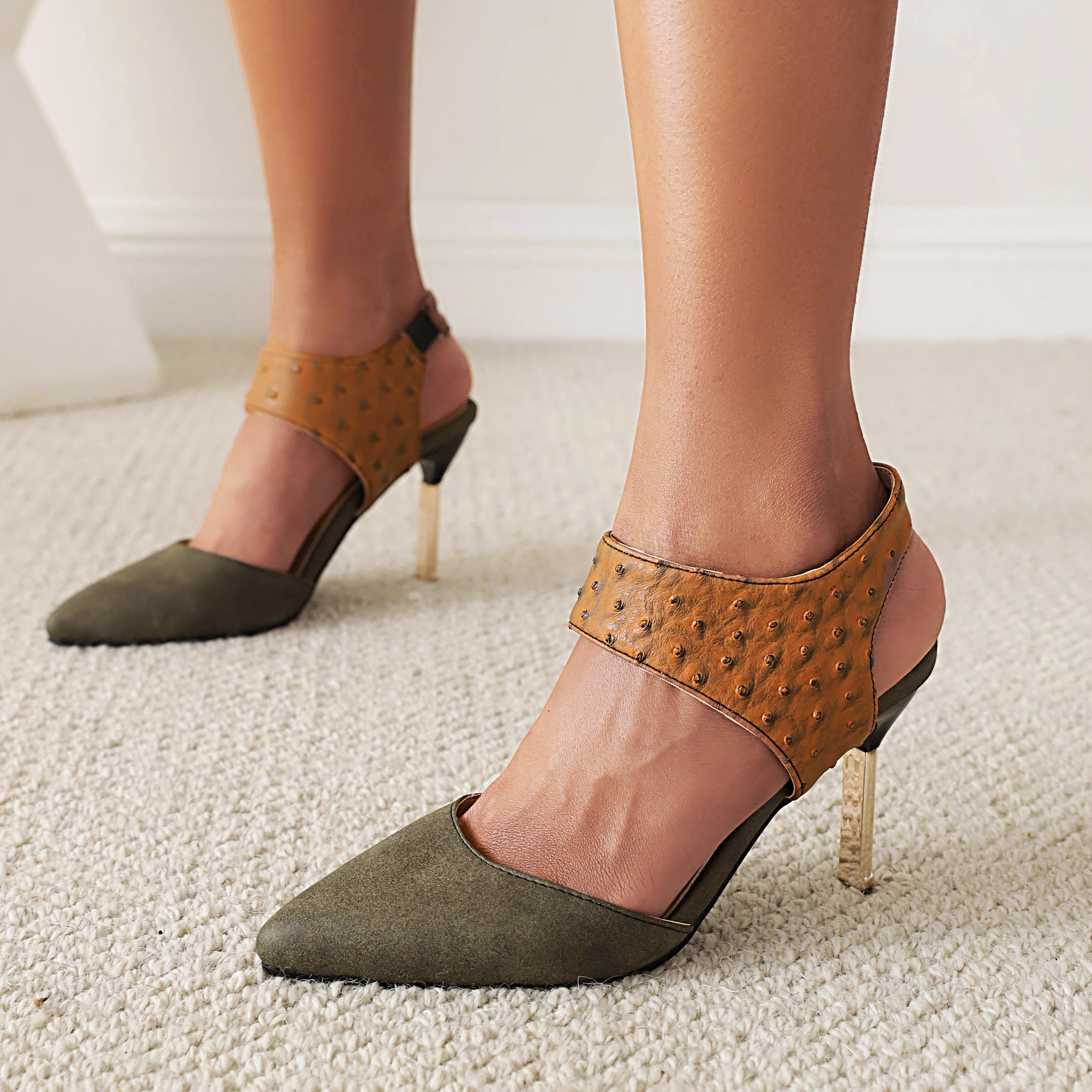 Bigsizeheels Slingback Peep Toe Stiletto Heel Sandals - Green best oversized womens heels are from bigsizeheel®