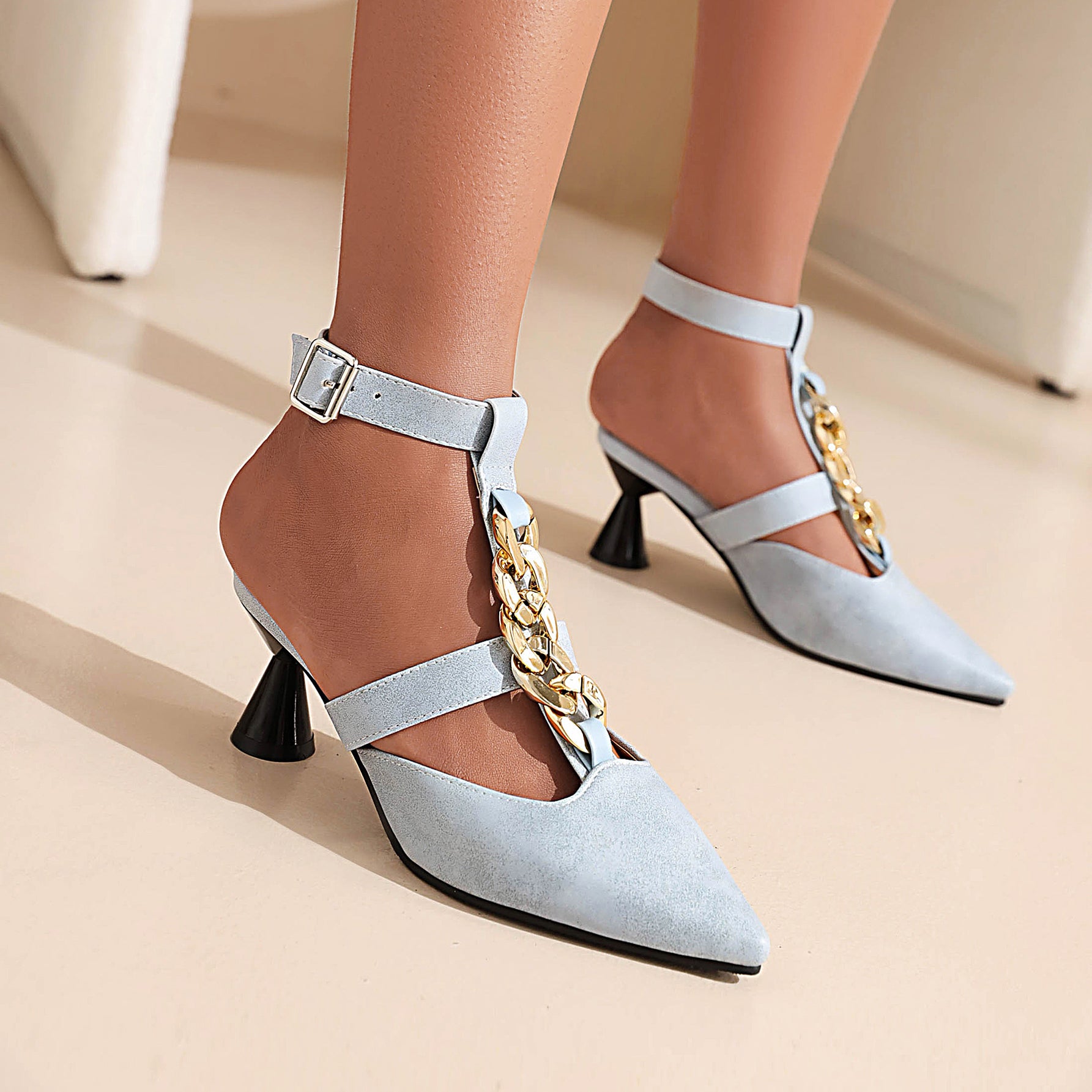 Bigsizeheels Wine Glass Heel Metal Chain Pointed Toe Sandals - Light blue best oversized womens heels from bigsizeheel®