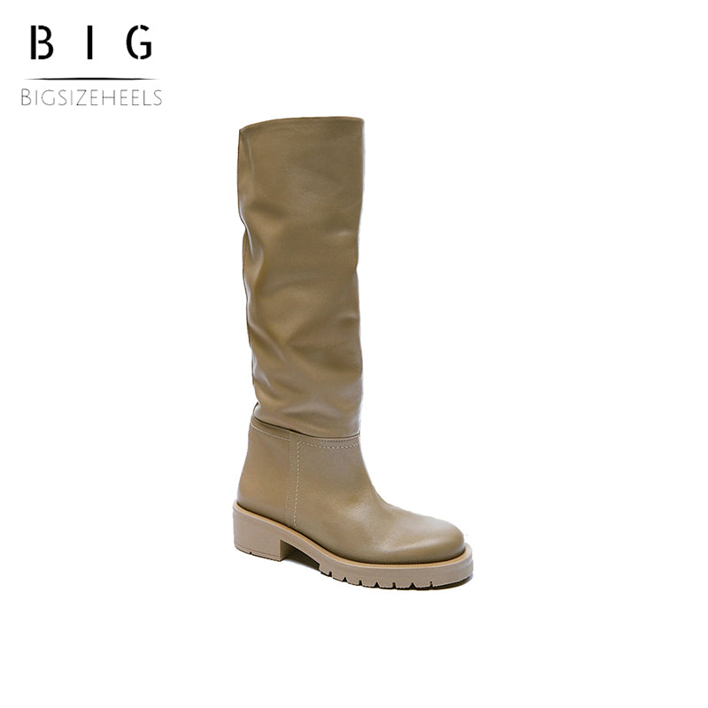 Bigsizeheels Leather round-toe wide-tube flat boots - Light brown freeshipping - bigsizeheel®-size5-size15 -All Plus Sizes Available!