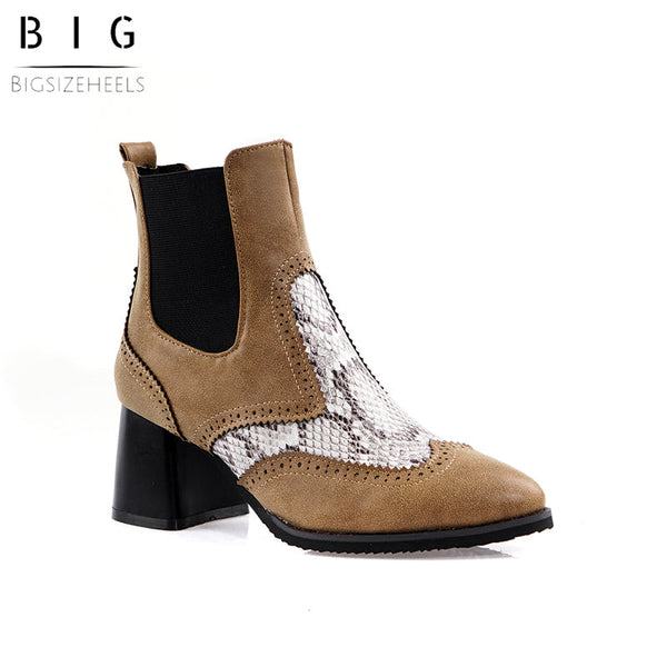 Bigsizeheels Snakeskin spliced slip-on ankle boots - Brown freeshipping - bigsizeheel®-size5-size15 -All Plus Sizes Available!
